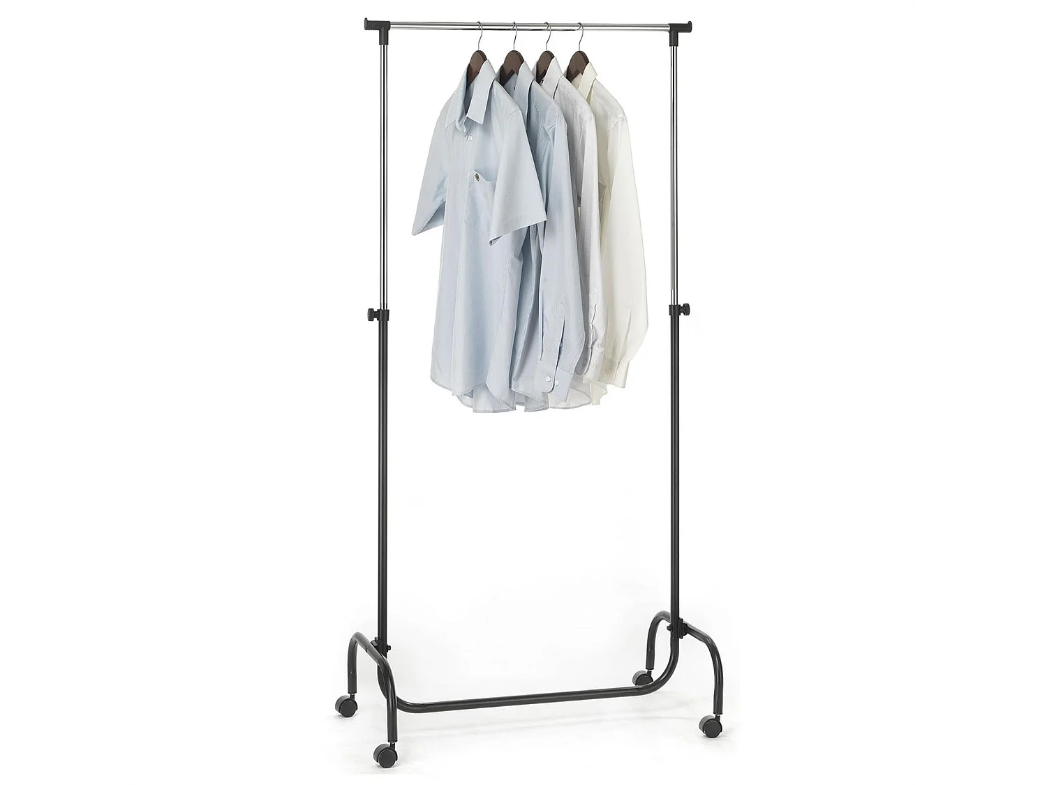 Portant à vêtements TIGER penderie simple sur roulettes vestiaire mobile avec 1 barre de hauteur réglable, en métal chromé et noir