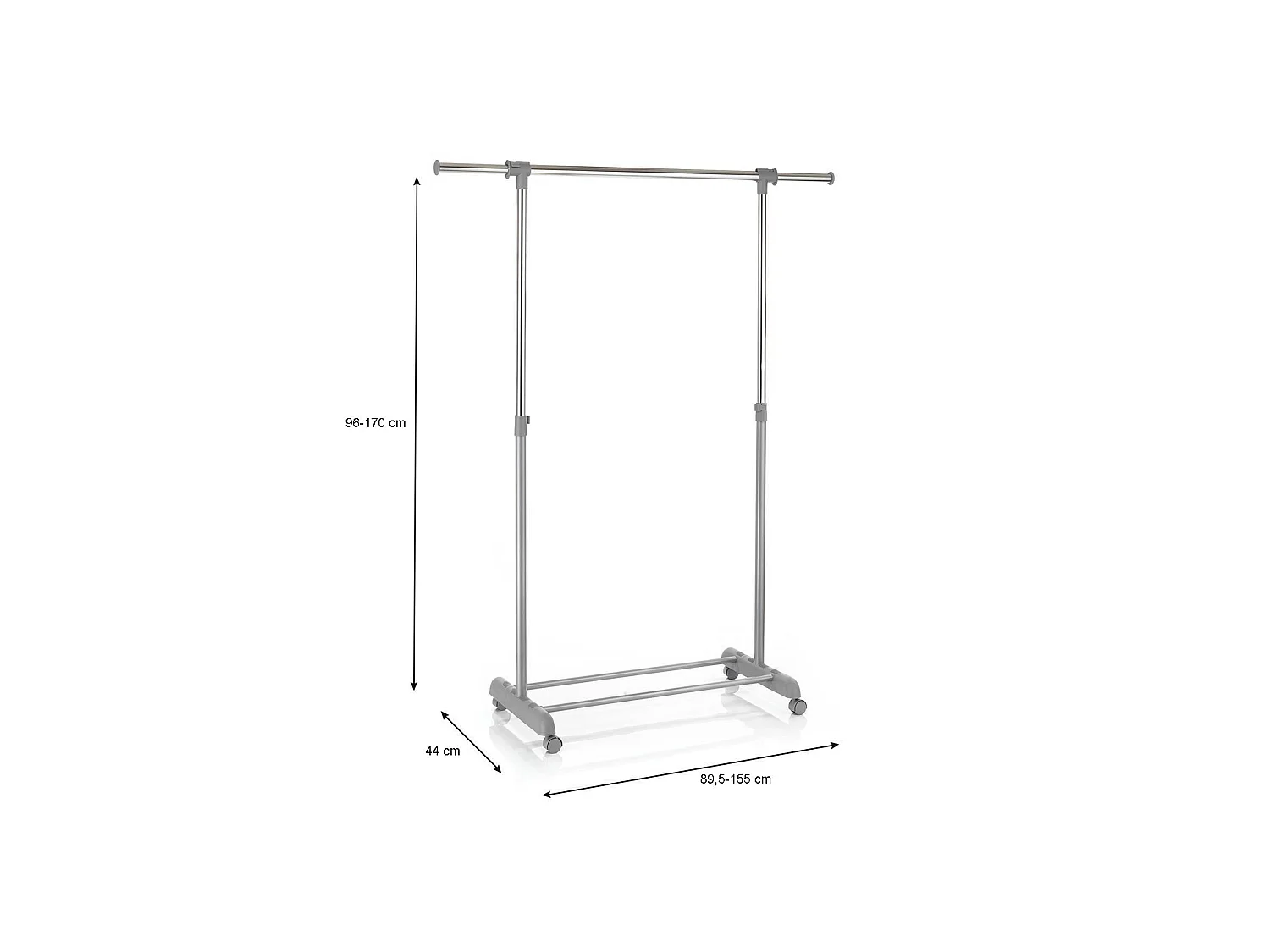 Portant à vêtements SALA en métal chromé et gris, penderie simple sur roulettes avec 1 barre extensible hauteur réglable