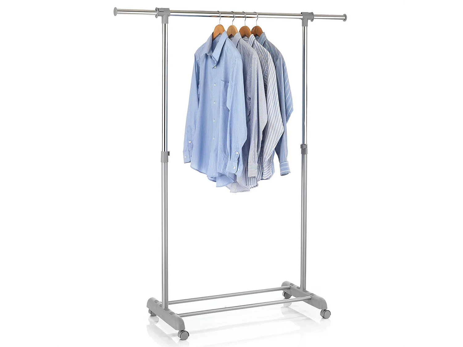 Portant à vêtements SALA en métal chromé et gris, penderie simple sur roulettes avec 1 barre extensible hauteur réglable