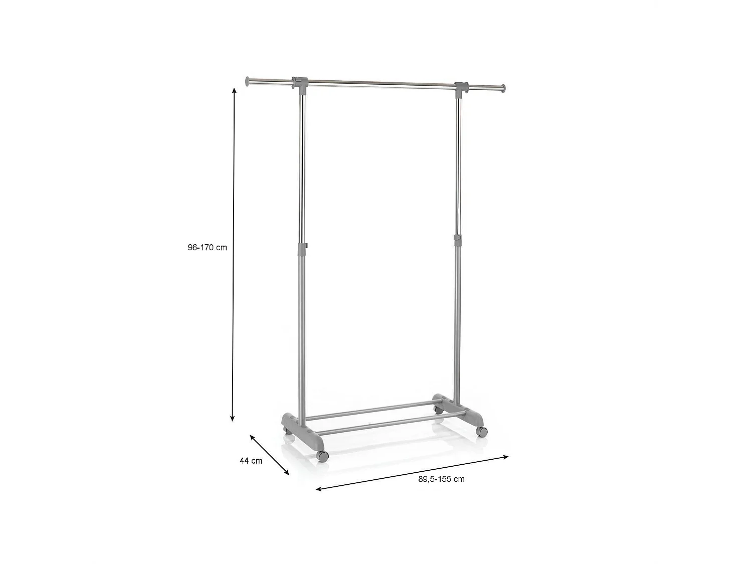 Portant à vêtements SALA en métal chromé et gris, penderie simple sur roulettes avec 1 barre extensible hauteur réglable