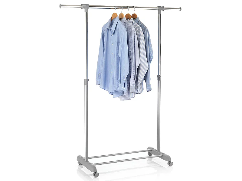 Portant à vêtements SALA en métal chromé et gris, penderie simple sur roulettes avec 1 barre extensible hauteur réglable