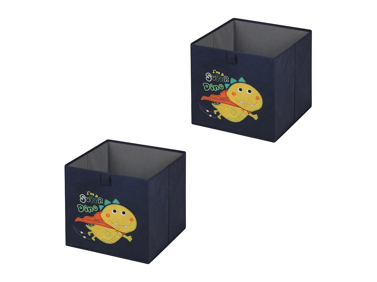 Lot de 2 boites de rangement en tissu bleu DINO, cube de rangement pour enfant dim 32 x 32 x 32 cm, décor dinosaure super-héros