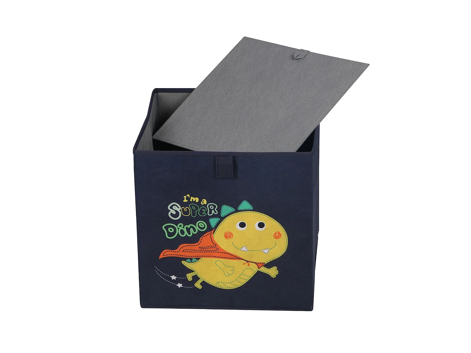 Lot de 2 boites de rangement en tissu bleu DINO, cube de rangement pour enfant dim 32 x 32 x 32 cm, décor dinosaure super-héros