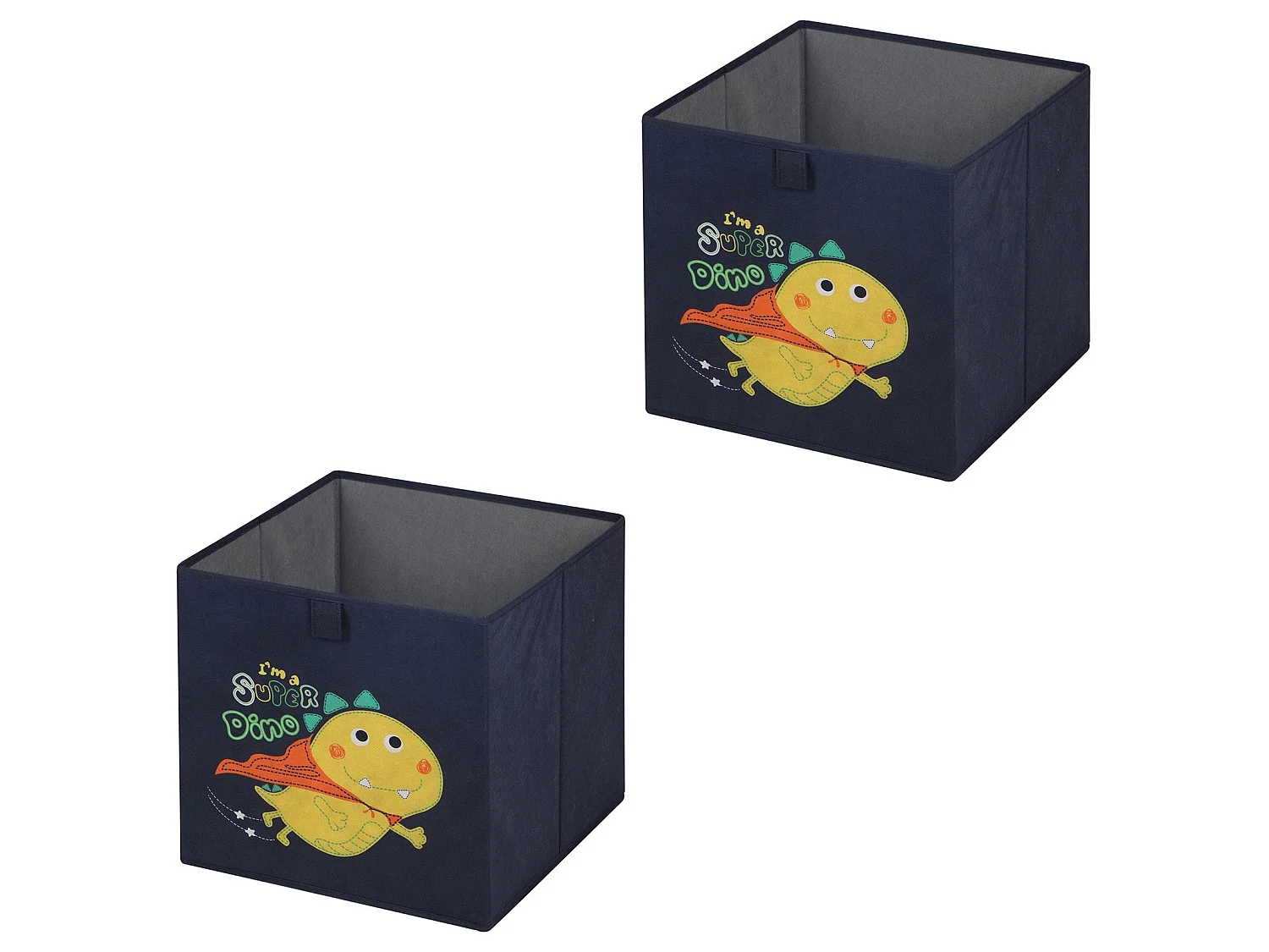 Lot de 2 boites de rangement en tissu bleu DINO, cube de rangement pour enfant dim 32 x 32 x 32 cm, décor dinosaure super-héros