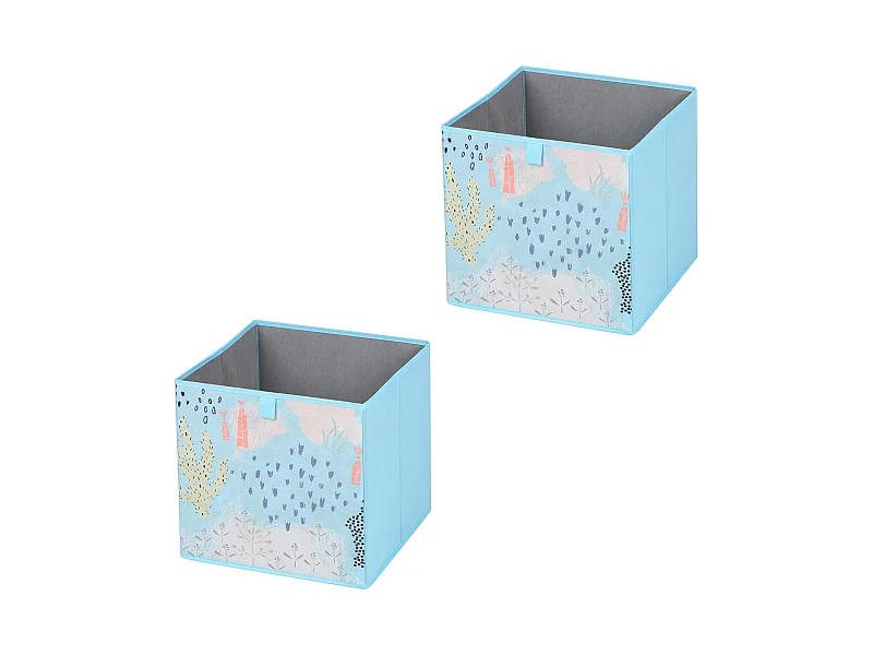 Lot de 2 boites de rangement en tissu bleu FLOWER MORNING, cube de rangement pour enfant ou adulte dim 32 x 32 x 32 cm, décor floral