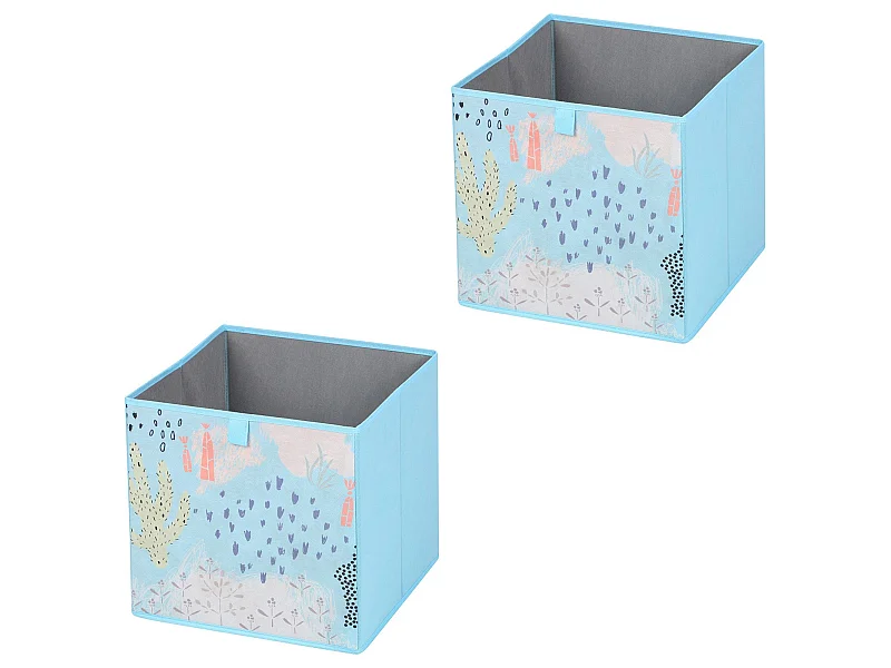 Lot de 2 boites de rangement en tissu bleu FLOWER MORNING, cube de rangement pour enfant ou adulte dim 32 x 32 x 32 cm, décor floral