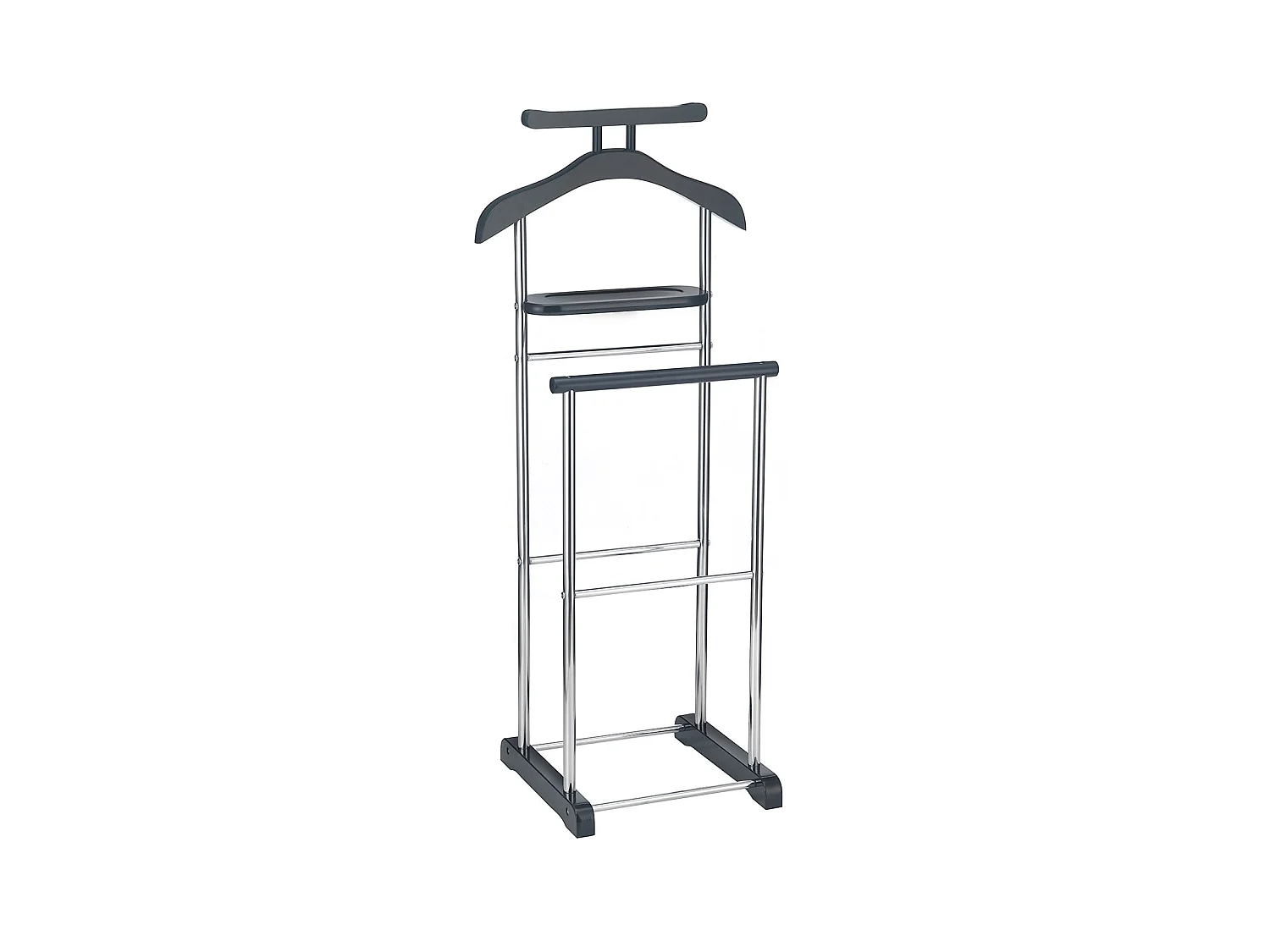 Valet de chambre MUMBAI chevalet de nuit portant pour vêtements, structure en métal chromé et MDF noir