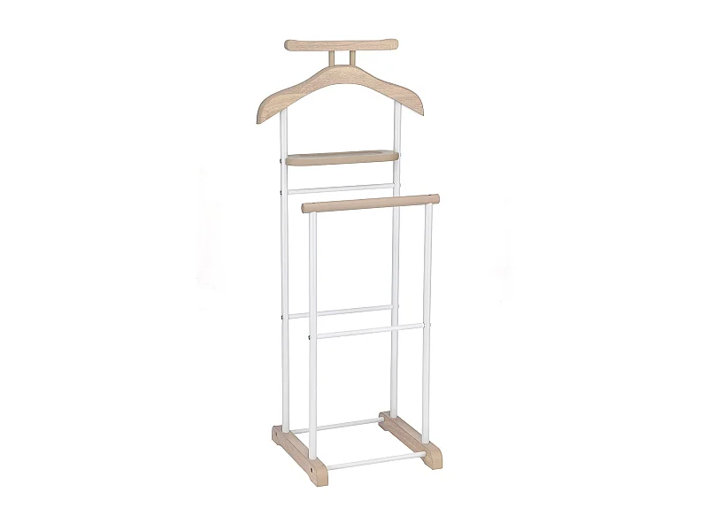 Valet de chambre MEDINA chevalet de nuit double portant pour vêtements, en MDF décor chêne sonoma et métal laqué blanc