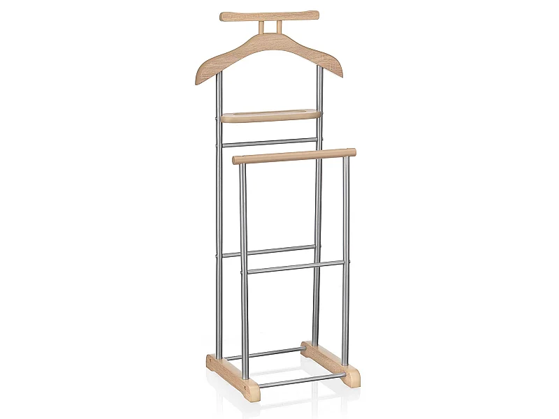 Valet de chambre MEDINA chevalet de nuit double portant pour vêtements, en MDF décor chêne sonoma et métal laqué argenté