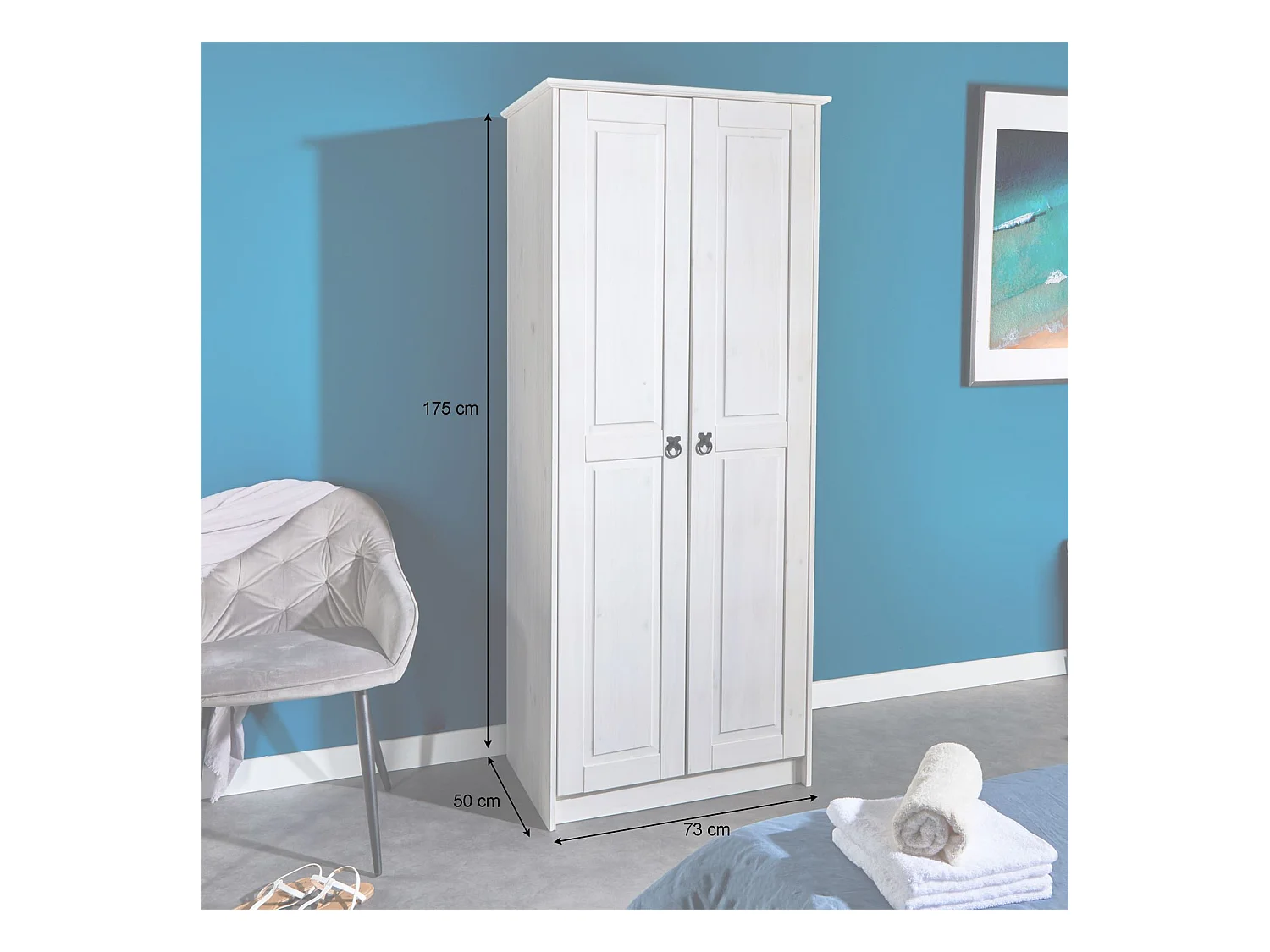 Armoire RESIDENCIA en pin lasuré blanc, penderie pour vêtements style mexicain avec 2 portes