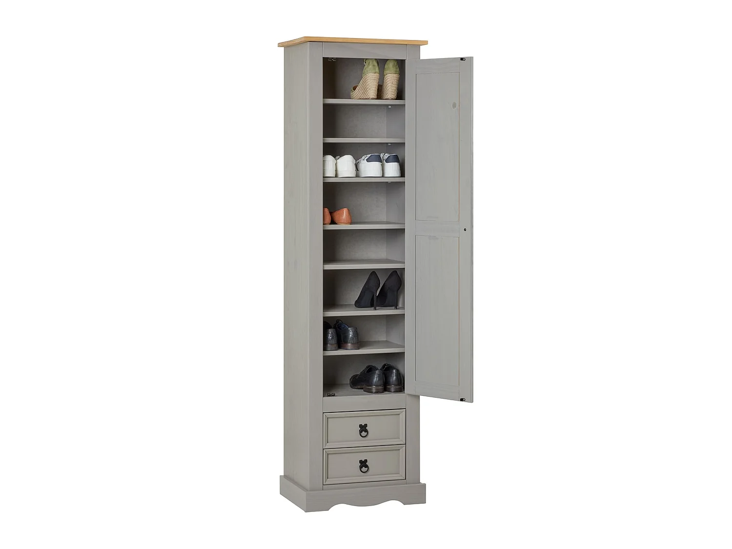 Armoire TEQUILA meuble de rangement avec 7 tablettes derrière 1 porte battante et 2 tiroirs, en pin massif lasuré gris et brun