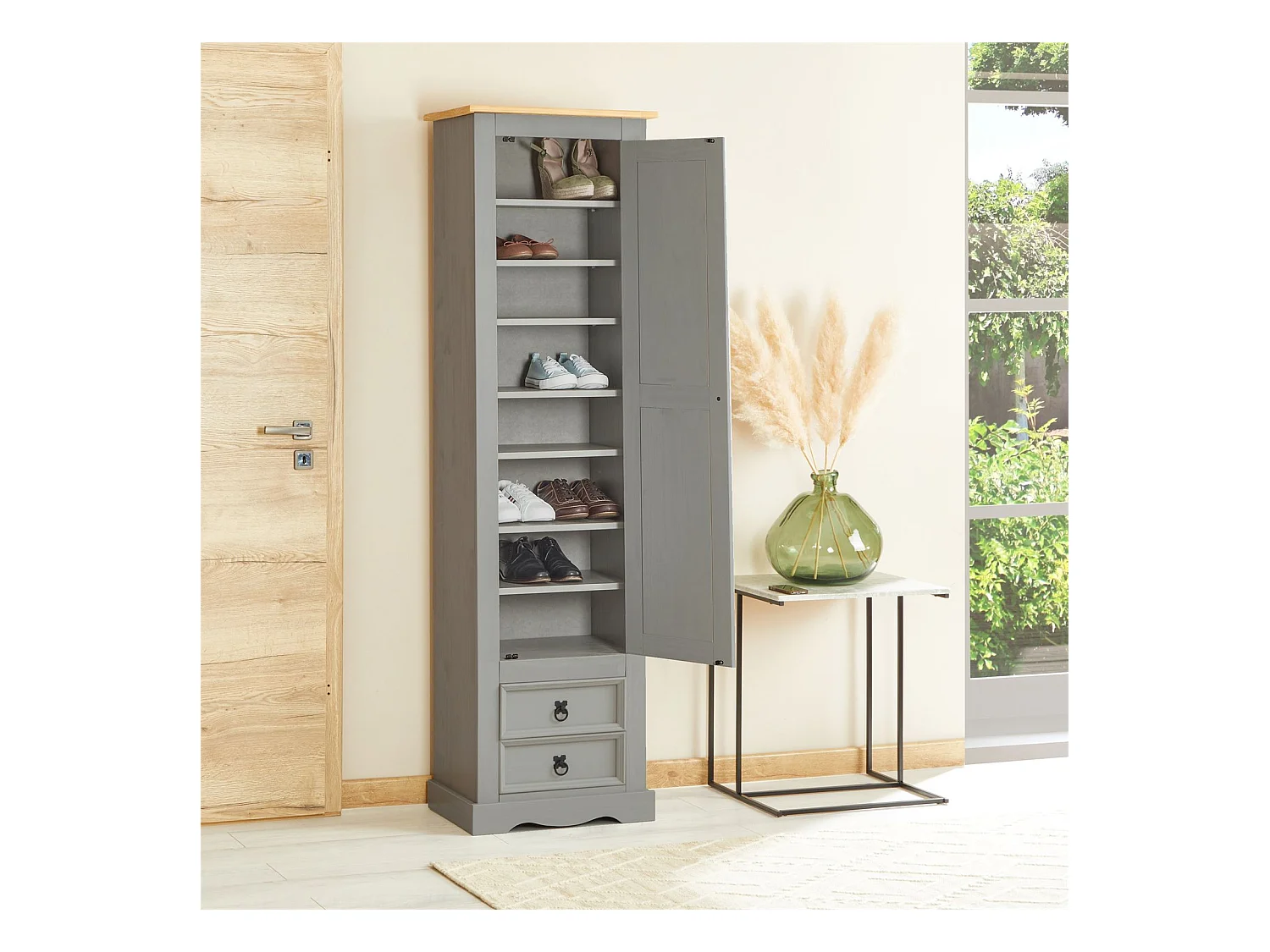 Armoire TEQUILA meuble de rangement avec 7 tablettes derrière 1 porte battante et 2 tiroirs, en pin massif lasuré gris et brun
