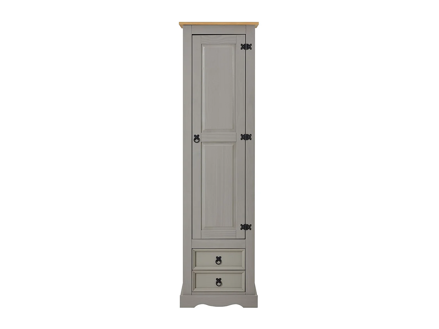 Armoire TEQUILA meuble de rangement avec 7 tablettes derrière 1 porte battante et 2 tiroirs, en pin massif lasuré gris et brun