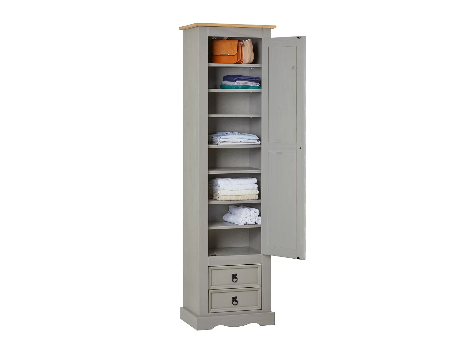 Armoire TEQUILA meuble de rangement avec 7 tablettes derrière 1 porte battante et 2 tiroirs, en pin massif lasuré gris et brun