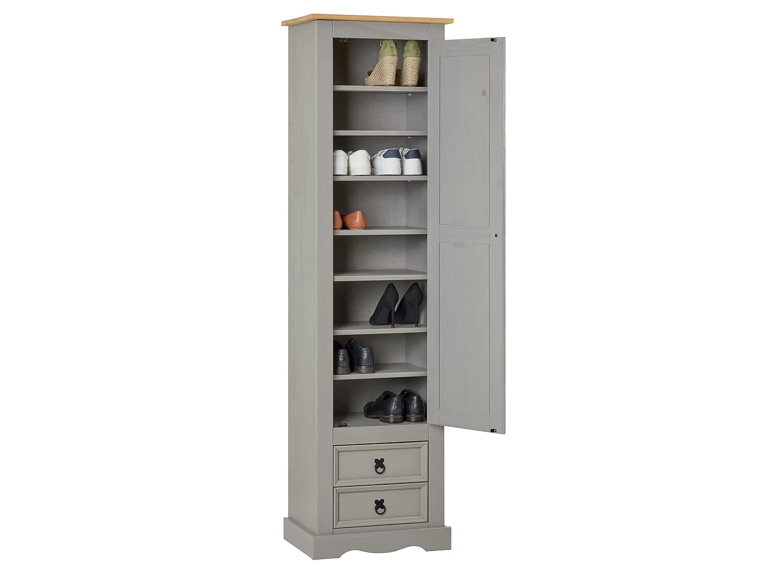 Armoire TEQUILA meuble de rangement avec 7 tablettes derrière 1 porte battante et 2 tiroirs, en pin massif lasuré gris et brun