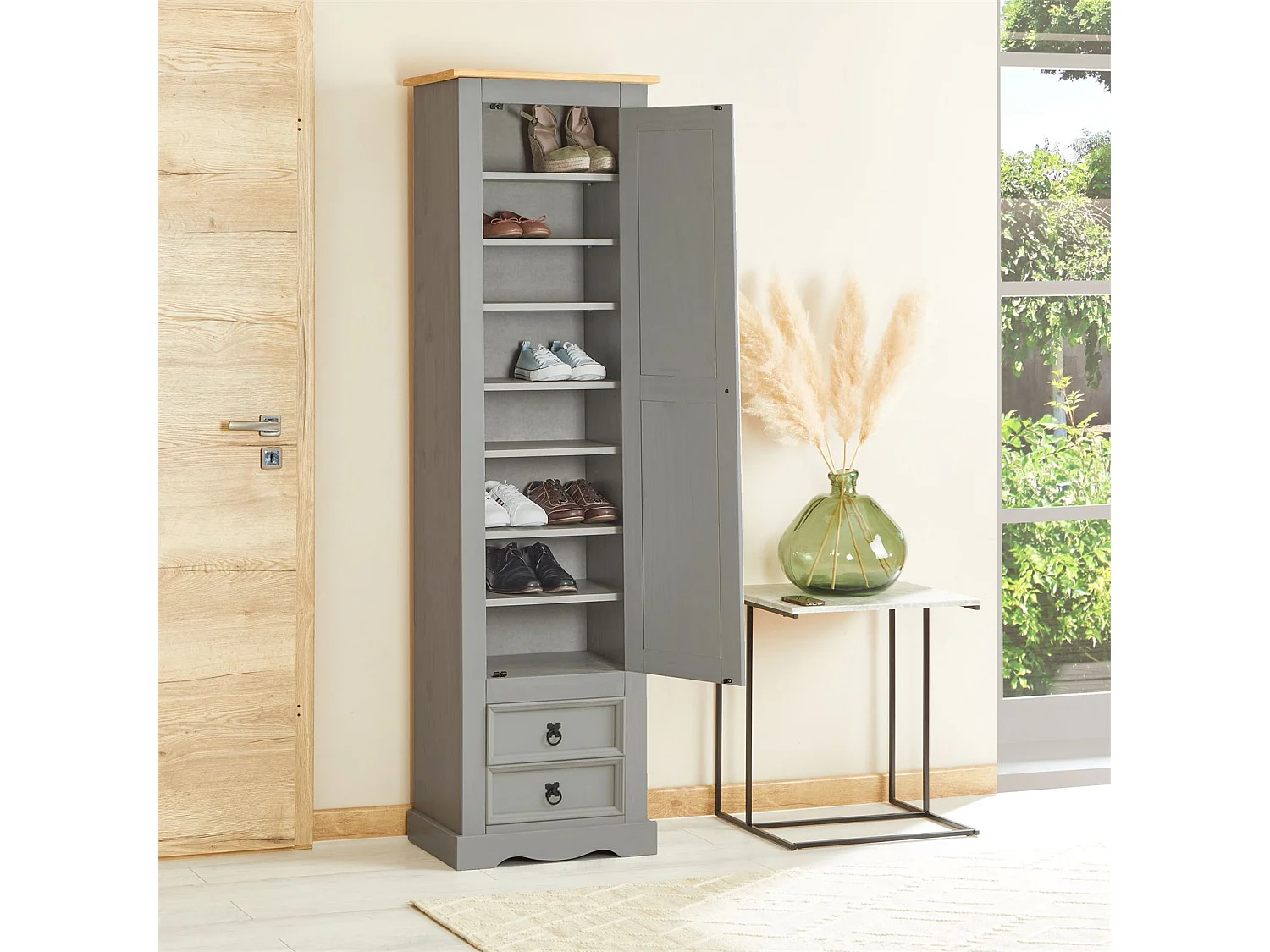Armoire TEQUILA meuble de rangement avec 7 tablettes derrière 1 porte battante et 2 tiroirs, en pin massif lasuré gris et brun