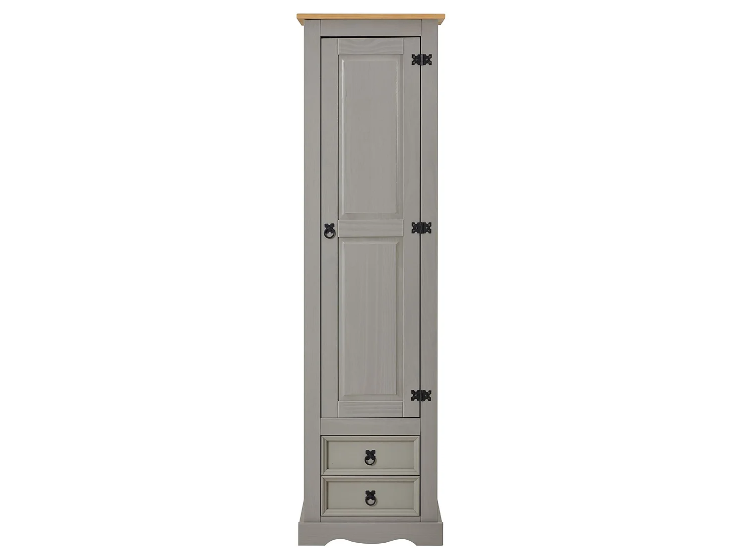 Armoire TEQUILA meuble de rangement avec 7 tablettes derrière 1 porte battante et 2 tiroirs, en pin massif lasuré gris et brun