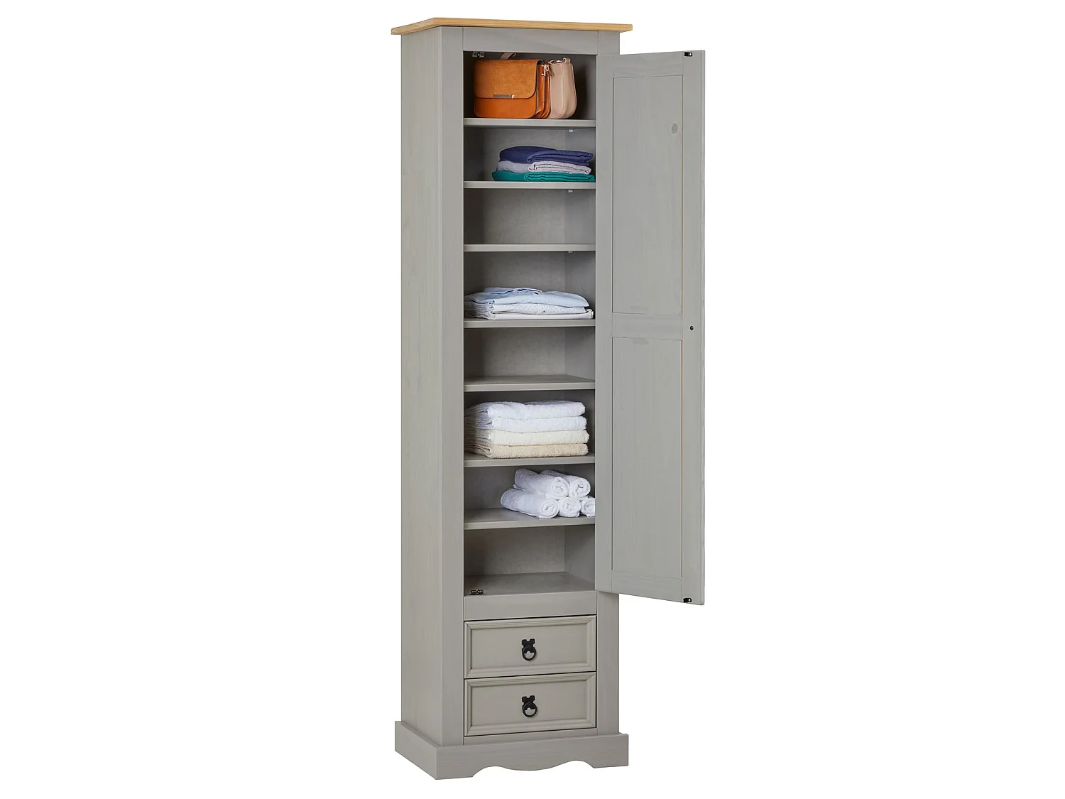 Armoire TEQUILA meuble de rangement avec 7 tablettes derrière 1 porte battante et 2 tiroirs, en pin massif lasuré gris et brun