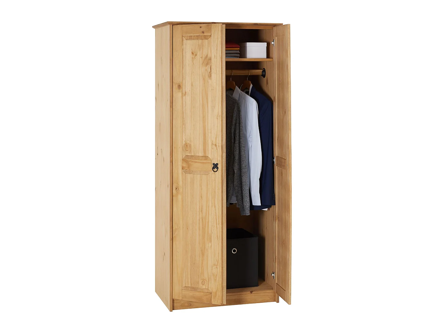 Armoire BARRIO en pin massif style mexicain, penderie pour vêtements avec 2 portes, finition teintée/cirée