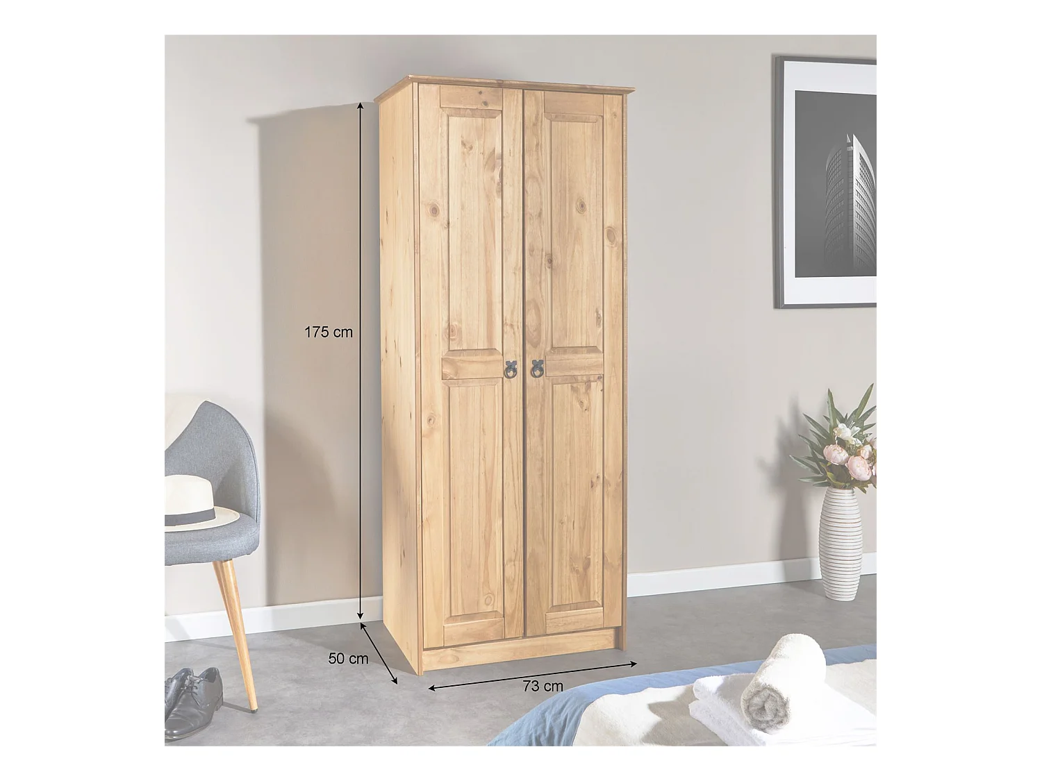 Armoire BARRIO en pin massif style mexicain, penderie pour vêtements avec 2 portes, finition teintée/cirée