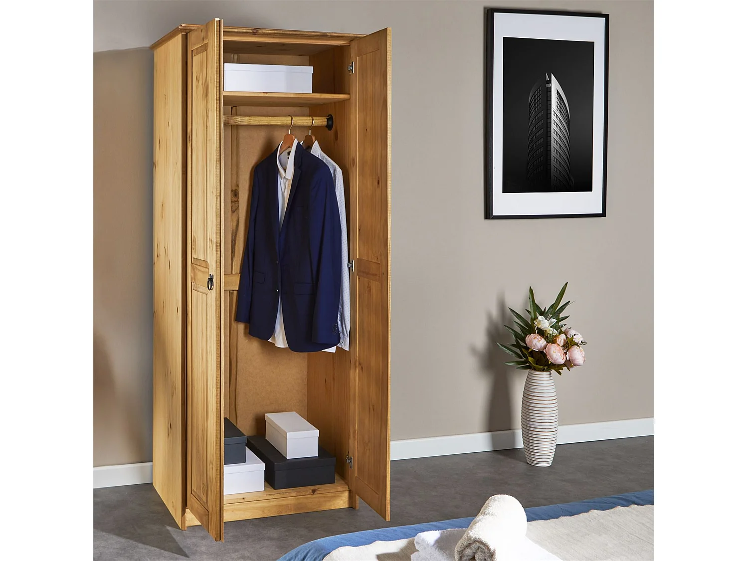 Armoire BARRIO en pin massif style mexicain, penderie pour vêtements avec 2 portes, finition teintée/cirée