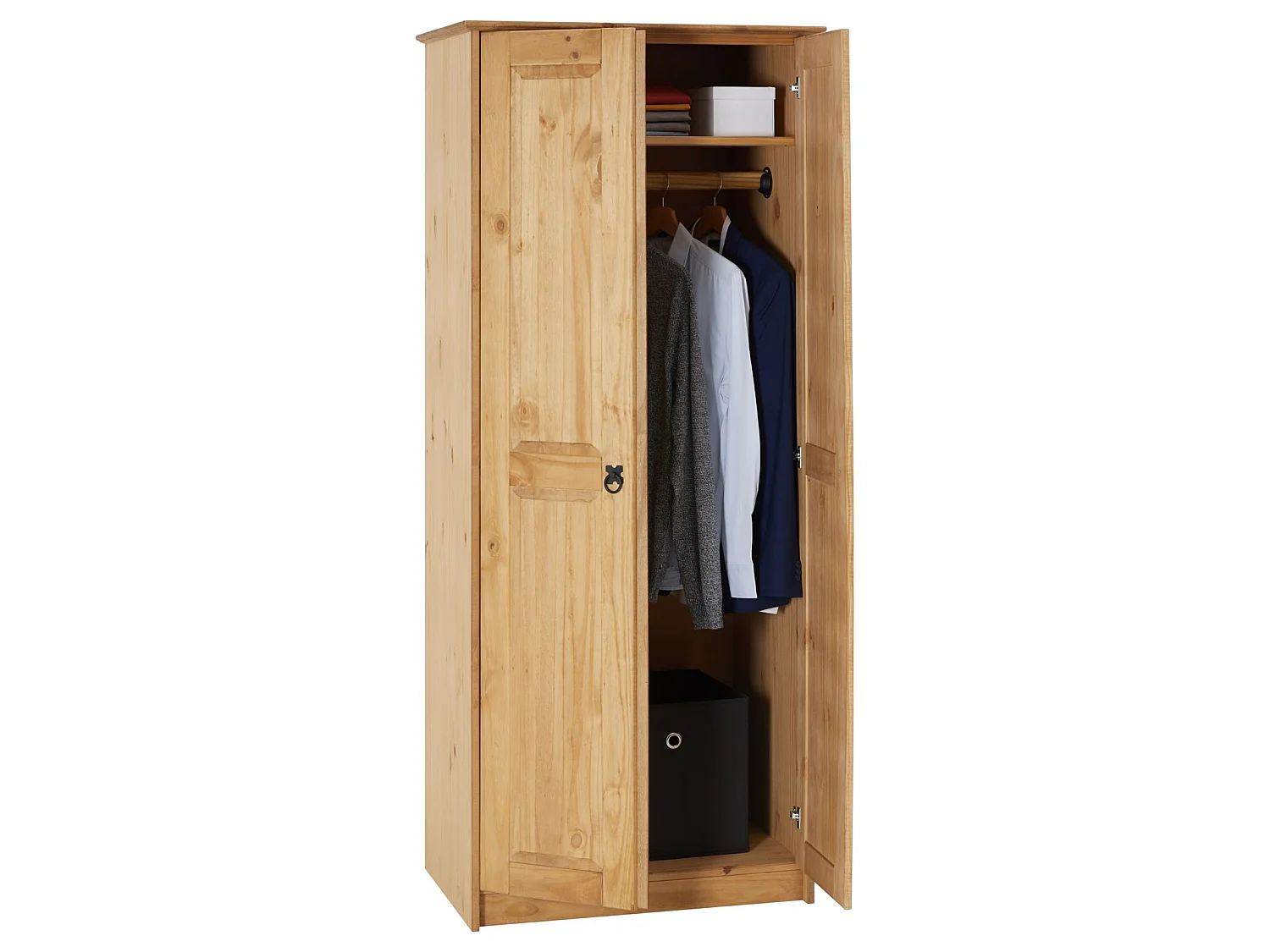 Armoire BARRIO en pin massif style mexicain, penderie pour vêtements avec 2 portes, finition teintée/cirée