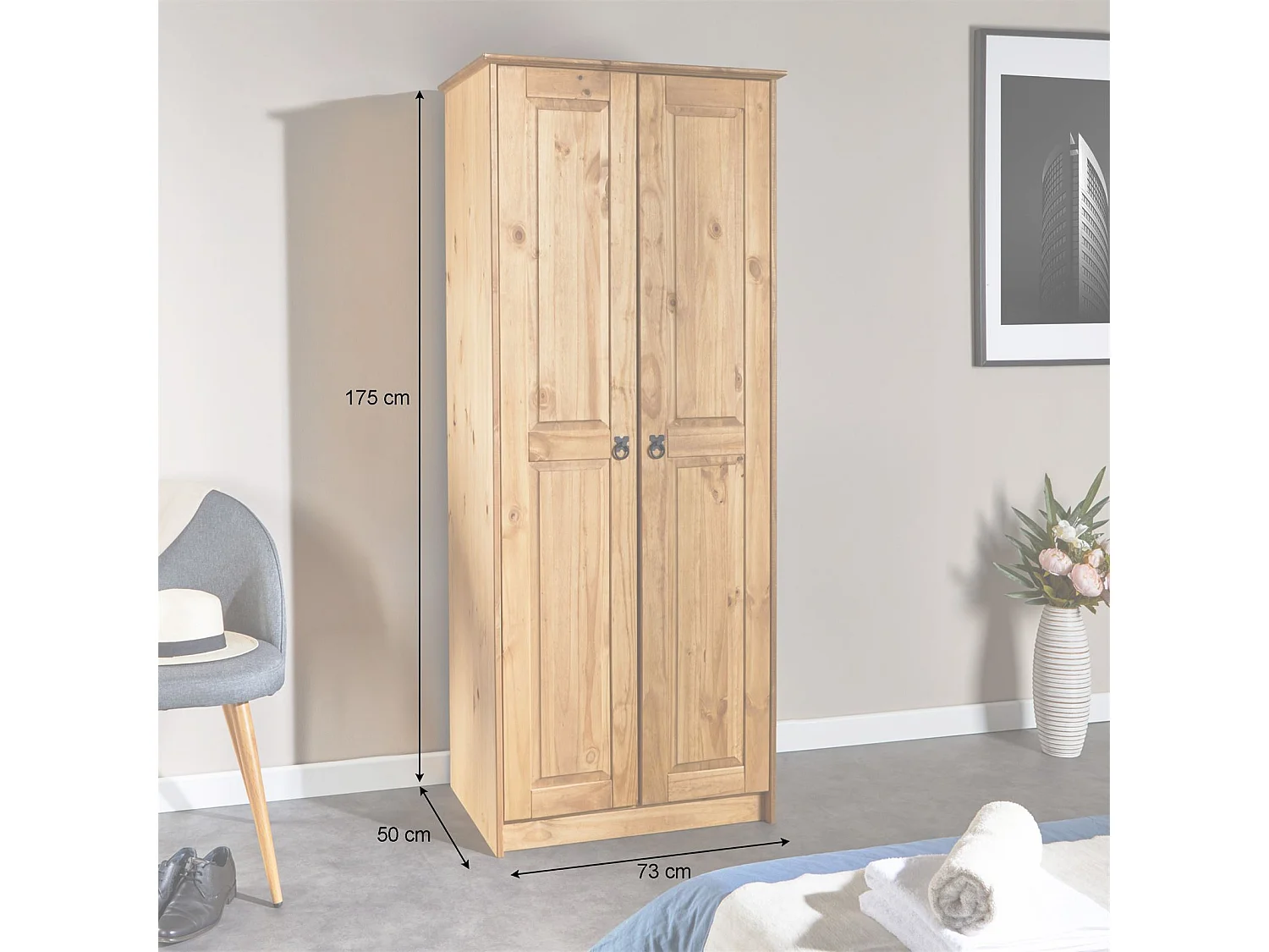 Armoire BARRIO en pin massif style mexicain, penderie pour vêtements avec 2 portes, finition teintée/cirée