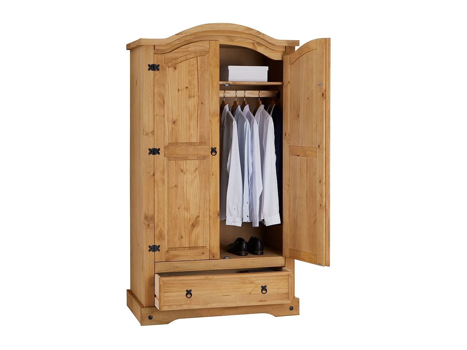 Armoire SALSA penderie pour vêtements style mexicain avec 2 portes 1 étagère 1 tiroir, en pin massif finition teintée/cirée