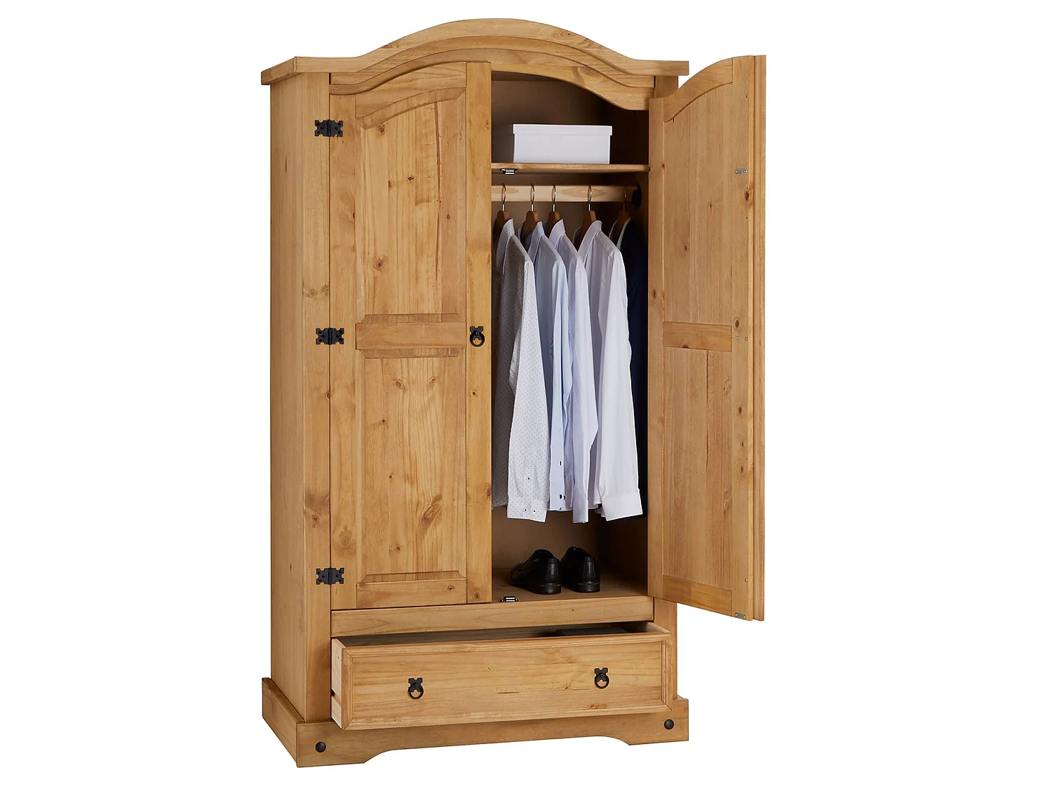 Armoire SALSA penderie pour vêtements style mexicain avec 2 portes 1 étagère 1 tiroir, en pin massif finition teintée/cirée
