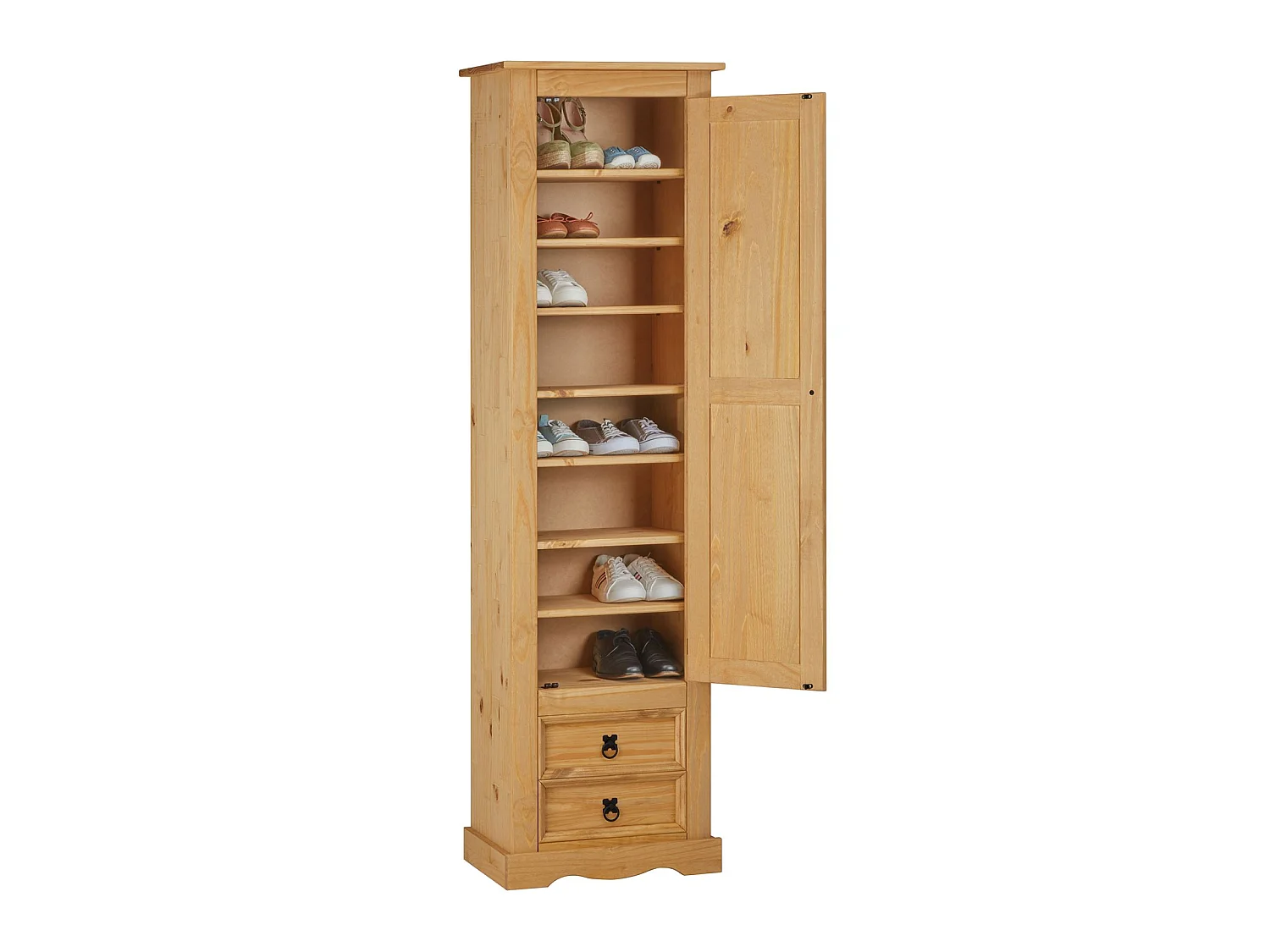 Armoire TEQUILA meuble de rangement avec 7 tablettes derrière 1 porte battante et 2 tiroirs, en pin massif finition teintée/cirée