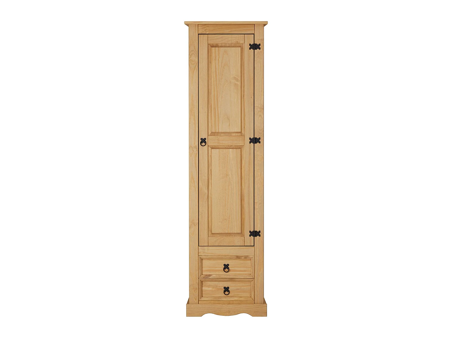 Armoire TEQUILA meuble de rangement avec 7 tablettes derrière 1 porte battante et 2 tiroirs, en pin massif finition teintée/cirée