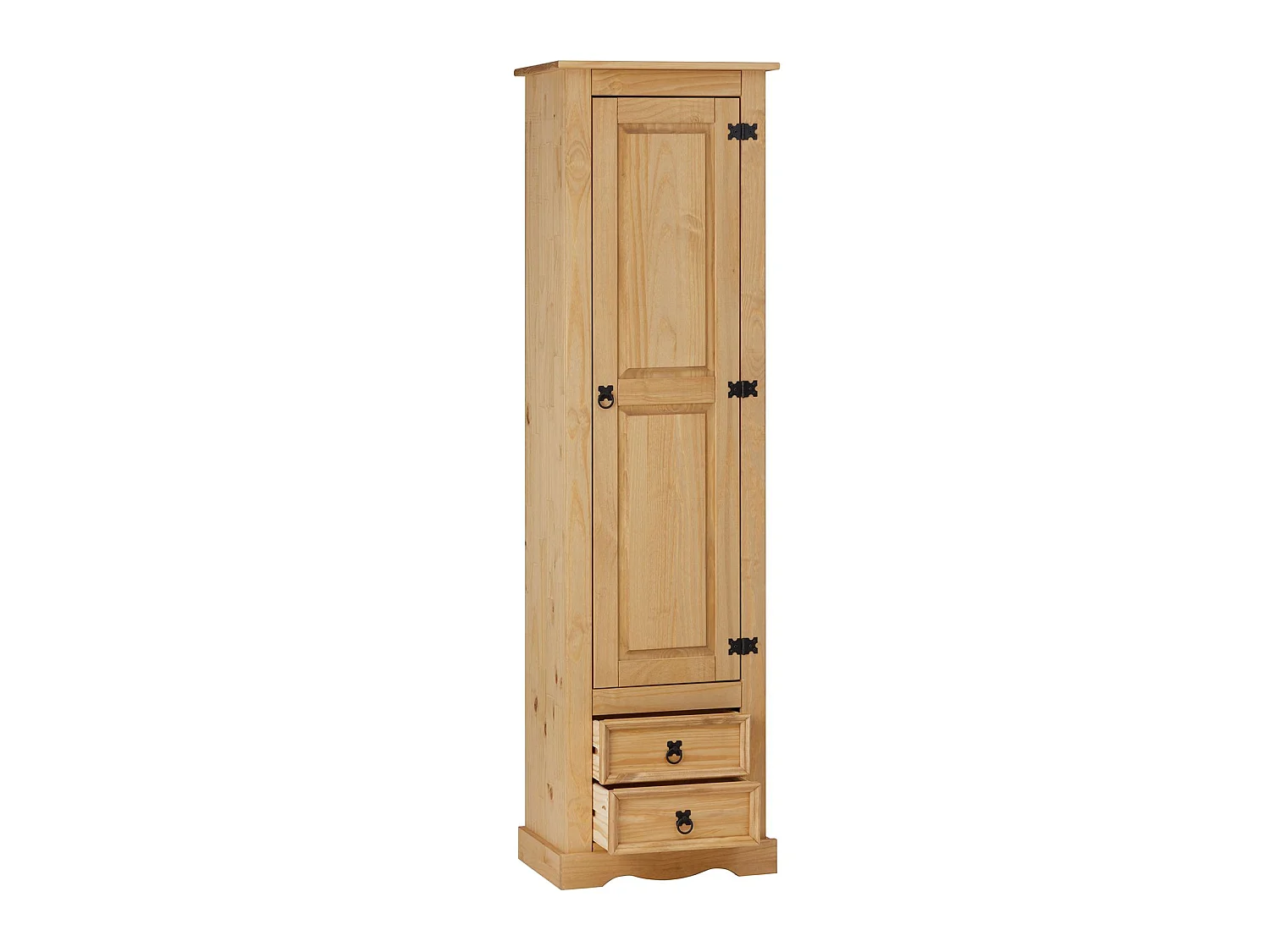 Armoire TEQUILA meuble de rangement avec 7 tablettes derrière 1 porte battante et 2 tiroirs, en pin massif finition teintée/cirée