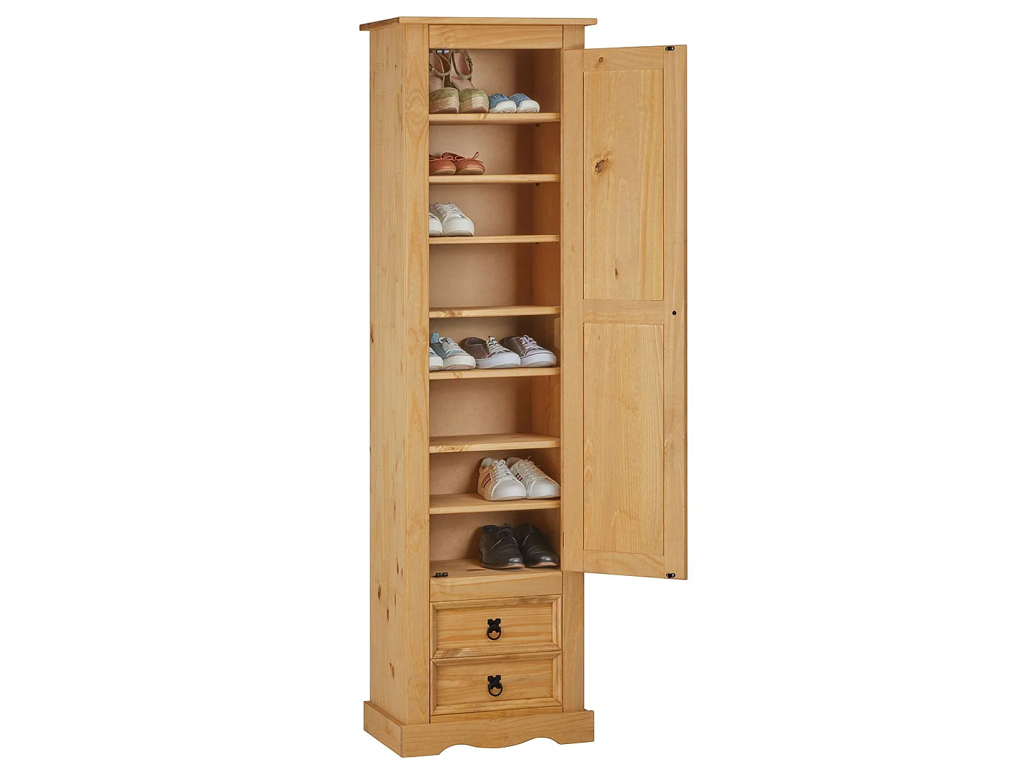 Armoire TEQUILA meuble de rangement avec 7 tablettes derrière 1 porte battante et 2 tiroirs, en pin massif finition teintée/cirée