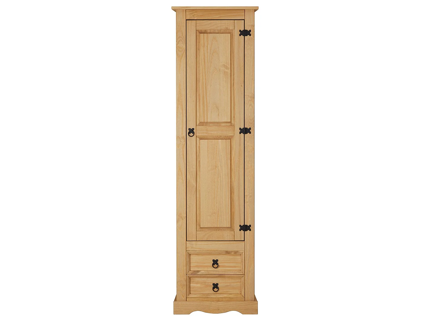 Armoire TEQUILA meuble de rangement avec 7 tablettes derrière 1 porte battante et 2 tiroirs, en pin massif finition teintée/cirée