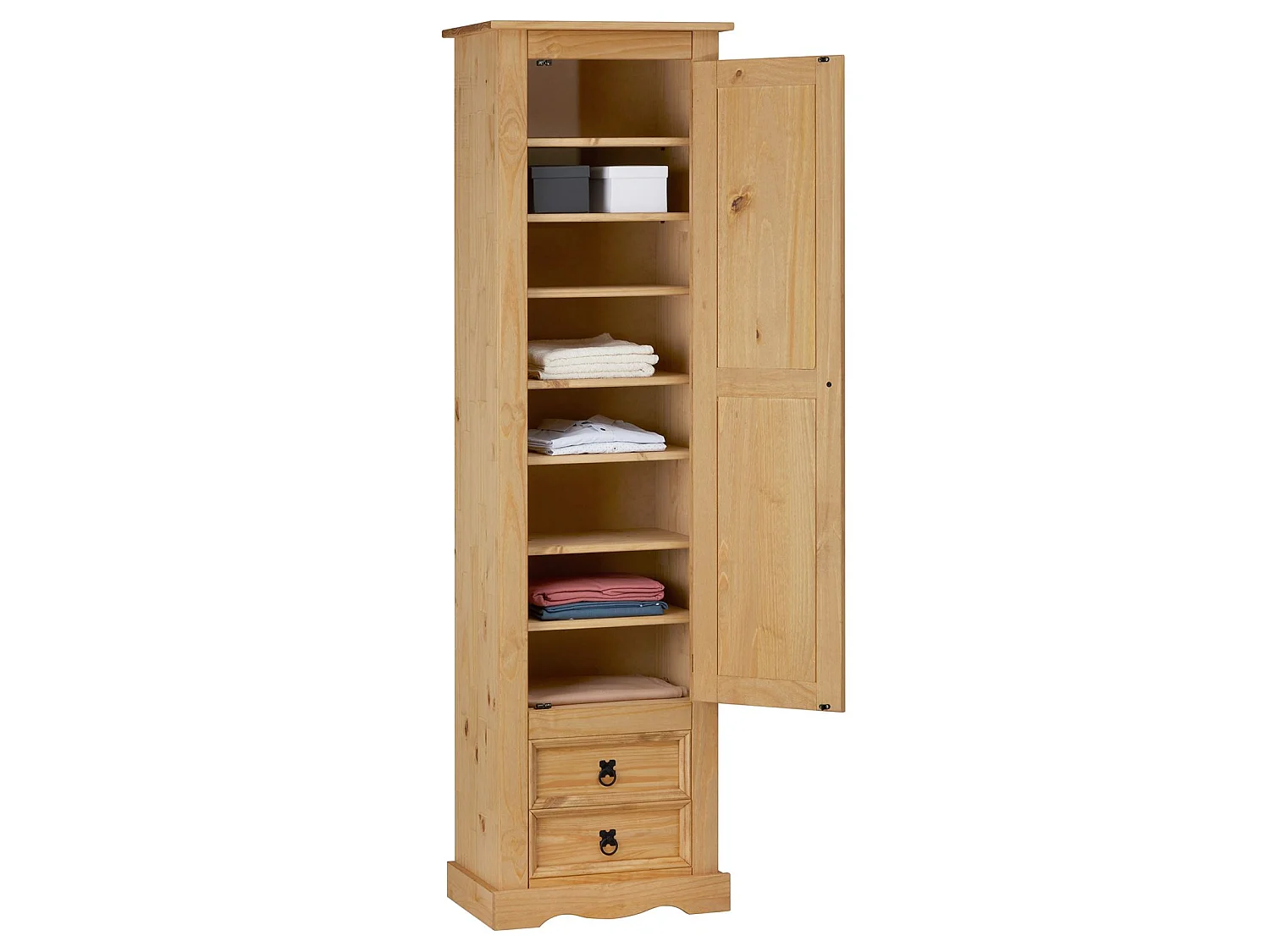 Armoire TEQUILA meuble de rangement avec 7 tablettes derrière 1 porte battante et 2 tiroirs, en pin massif finition teintée/cirée