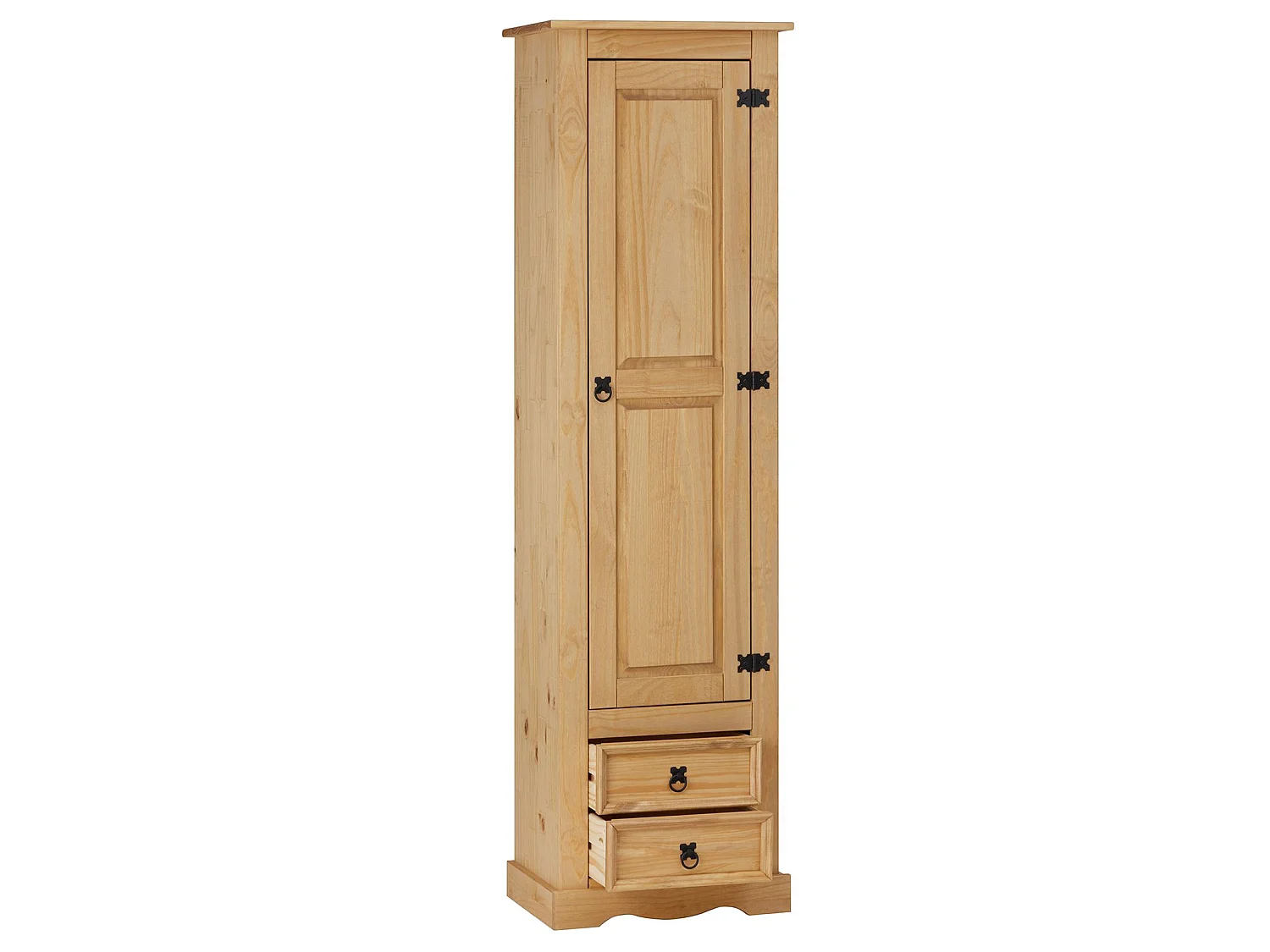 Armoire TEQUILA meuble de rangement avec 7 tablettes derrière 1 porte battante et 2 tiroirs, en pin massif finition teintée/cirée