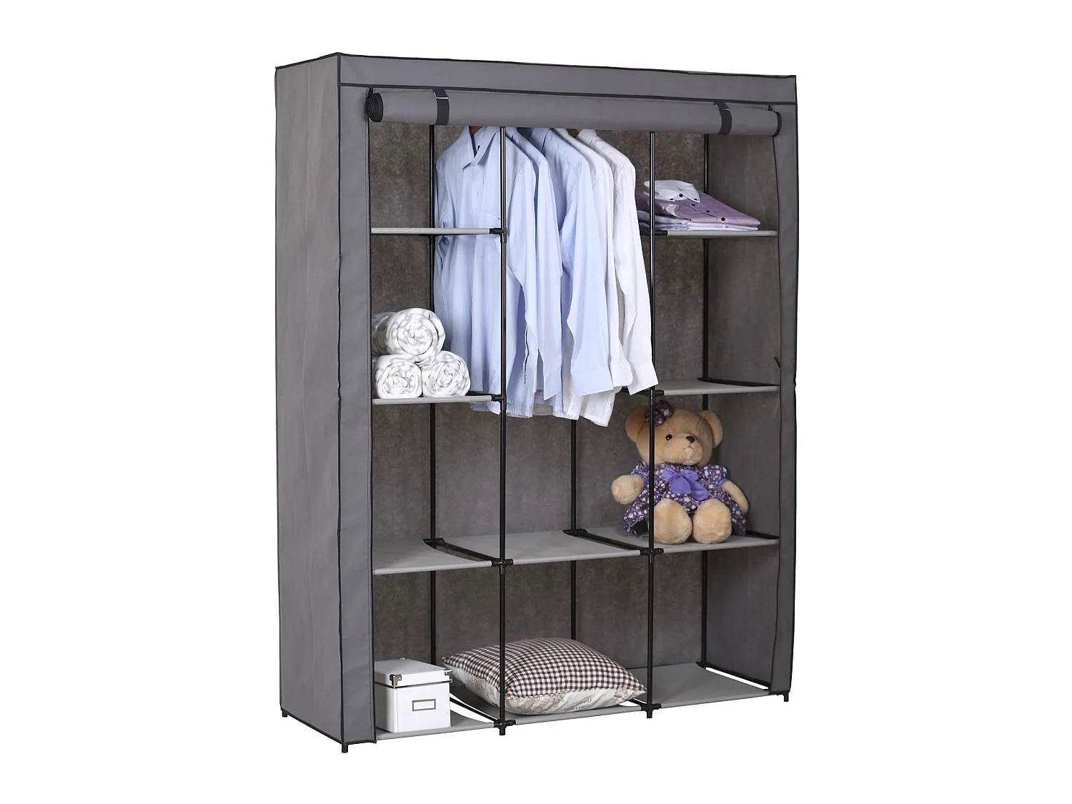 Garde-robe en tissu STEVEN structure en métal, 9 tablettes repositionnables pour 7 possibilités d'aménagement, coloris gris