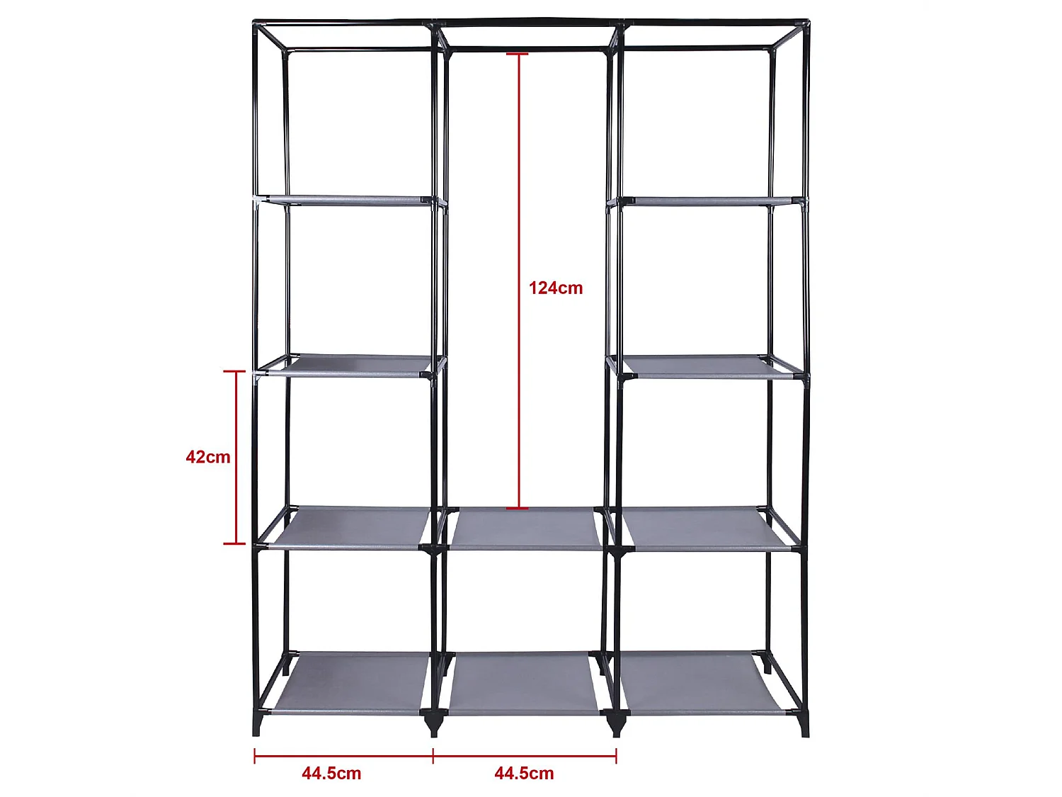Garde-robe en tissu STEVEN structure en métal, 9 tablettes repositionnables pour 7 possibilités d'aménagement, coloris gris
