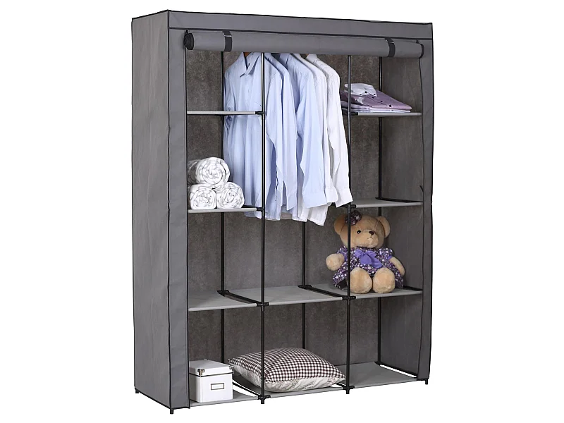 Garde-robe en tissu STEVEN structure en métal, 9 tablettes repositionnables pour 7 possibilités d'aménagement, coloris gris
