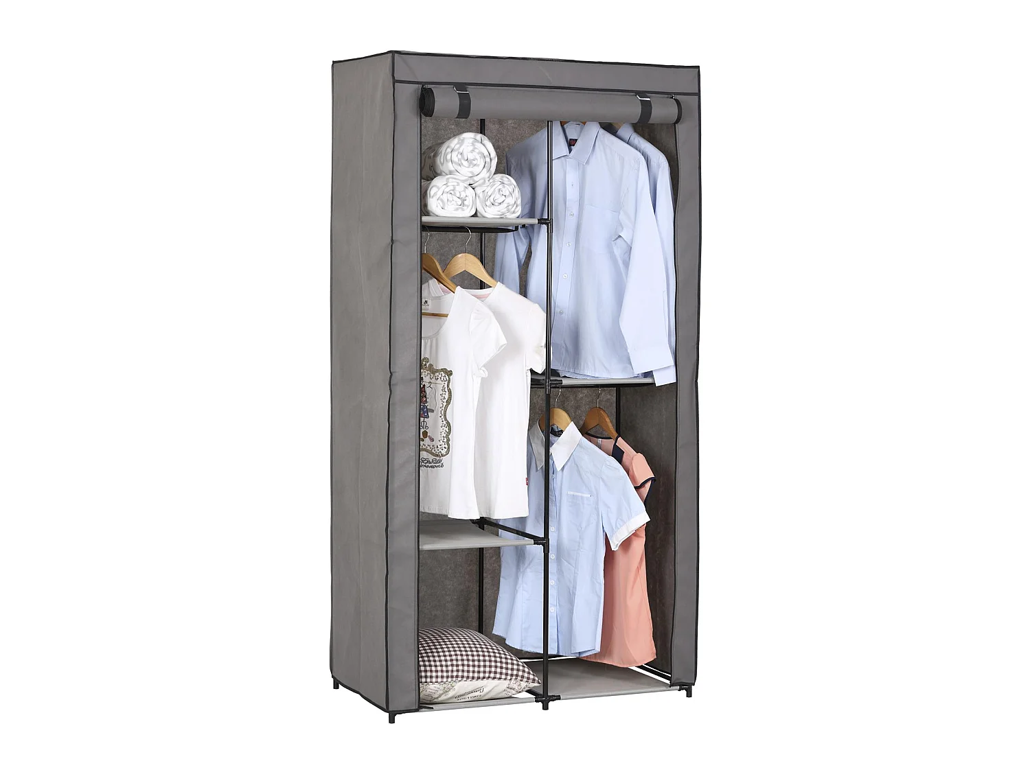 Garde-robe ADAM en tissu gris, avec 2 tringles à vêtements et 3 étagères