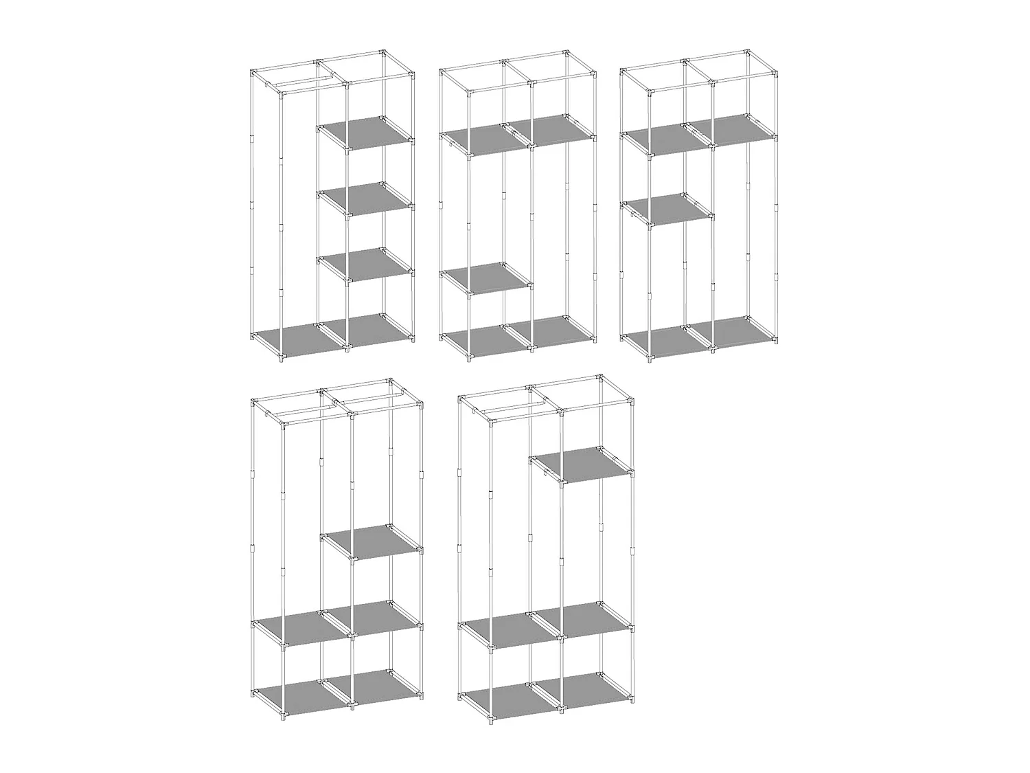 Garde-robe ADAM en tissu gris, avec 2 tringles à vêtements et 3 étagères