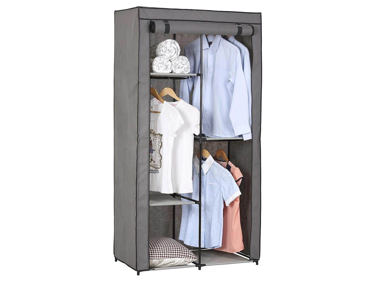 Garde-robe ADAM en tissu gris, avec 2 tringles à vêtements et 3 étagères