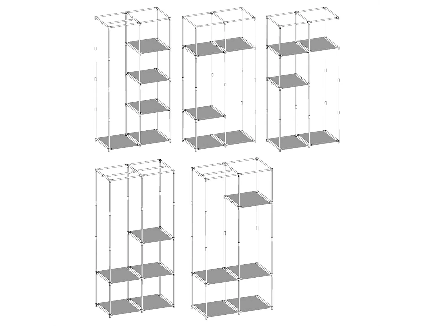 Garde-robe ADAM en tissu gris, avec 2 tringles à vêtements et 3 étagères