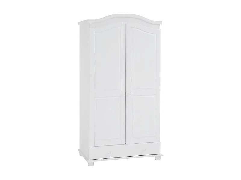 Armoire BERGEN dressing pour vêtements avec 2 portes penderie 1 tringle et 1 étagère et 1 tiroir, en pin massif lasuré blanc