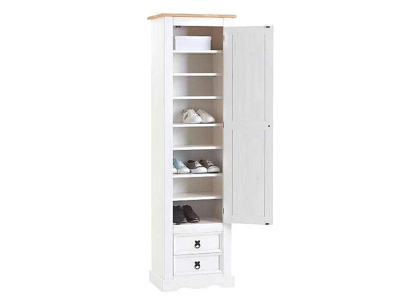Armoire TEQUILA meuble de rangement avec 7 tablettes derrière 1 porte battante et 2 tiroirs, en pin massif lasuré blanc et brun