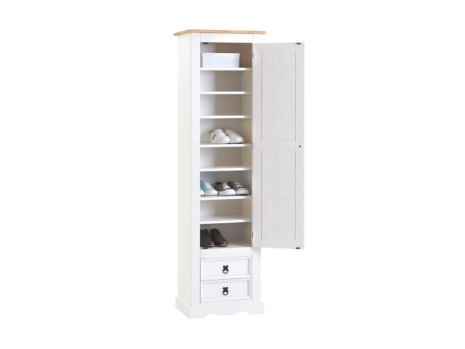 Armoire TEQUILA meuble de rangement avec 7 tablettes derrière 1 porte battante et 2 tiroirs, en pin massif lasuré blanc et brun