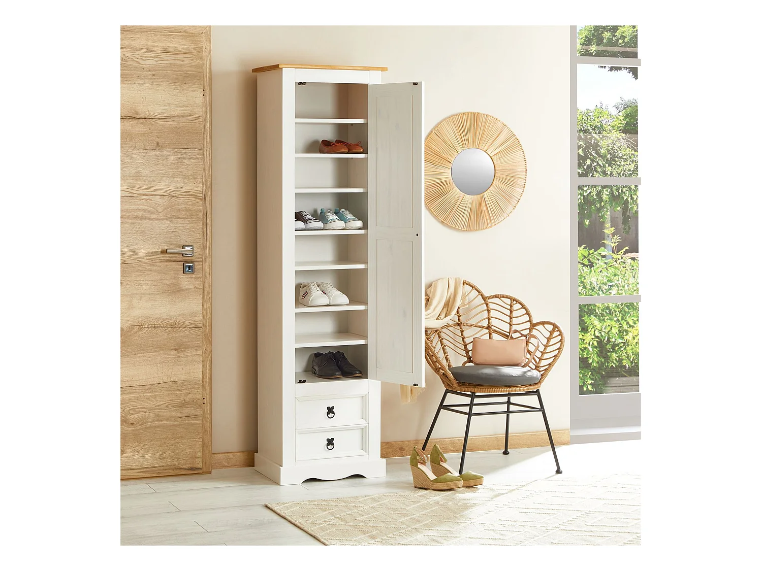 Armoire TEQUILA meuble de rangement avec 7 tablettes derrière 1 porte battante et 2 tiroirs, en pin massif lasuré blanc et brun
