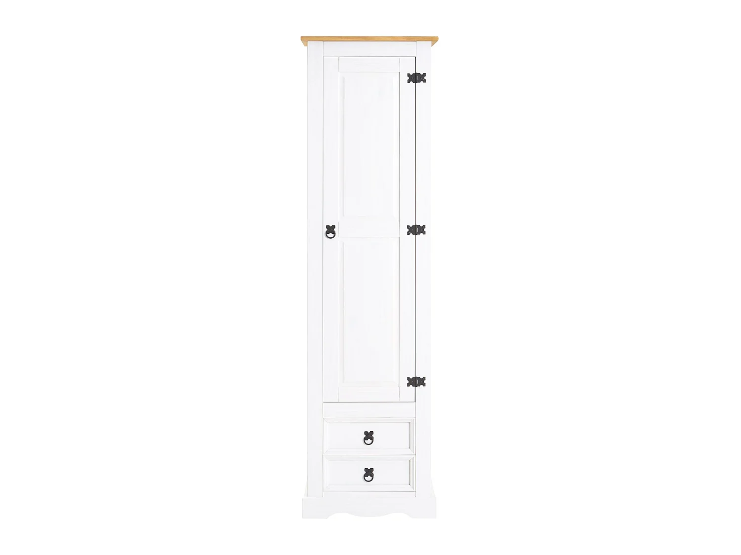 Armoire TEQUILA meuble de rangement avec 7 tablettes derrière 1 porte battante et 2 tiroirs, en pin massif lasuré blanc et brun