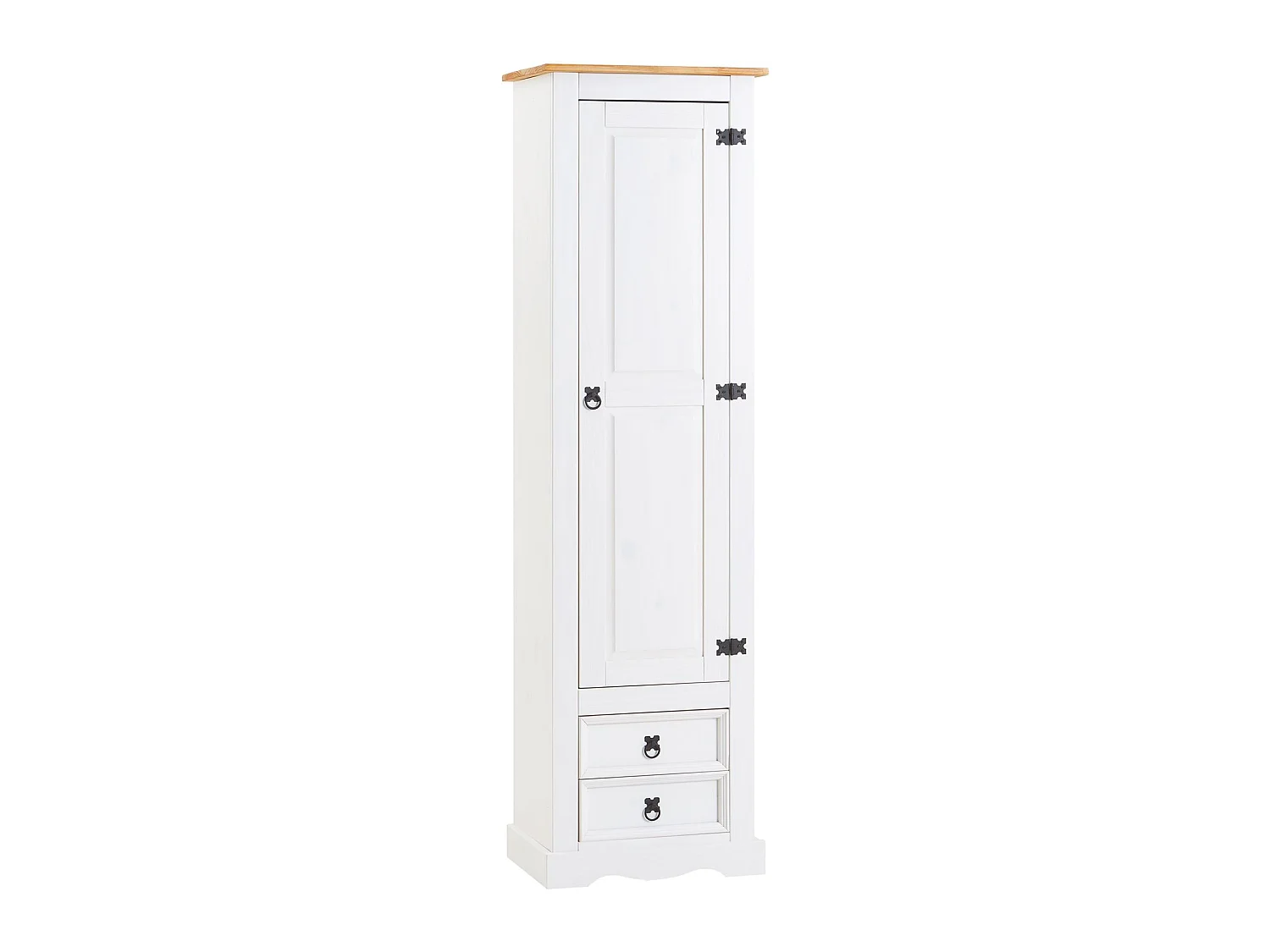 Armoire TEQUILA meuble de rangement avec 7 tablettes derrière 1 porte battante et 2 tiroirs, en pin massif lasuré blanc et brun