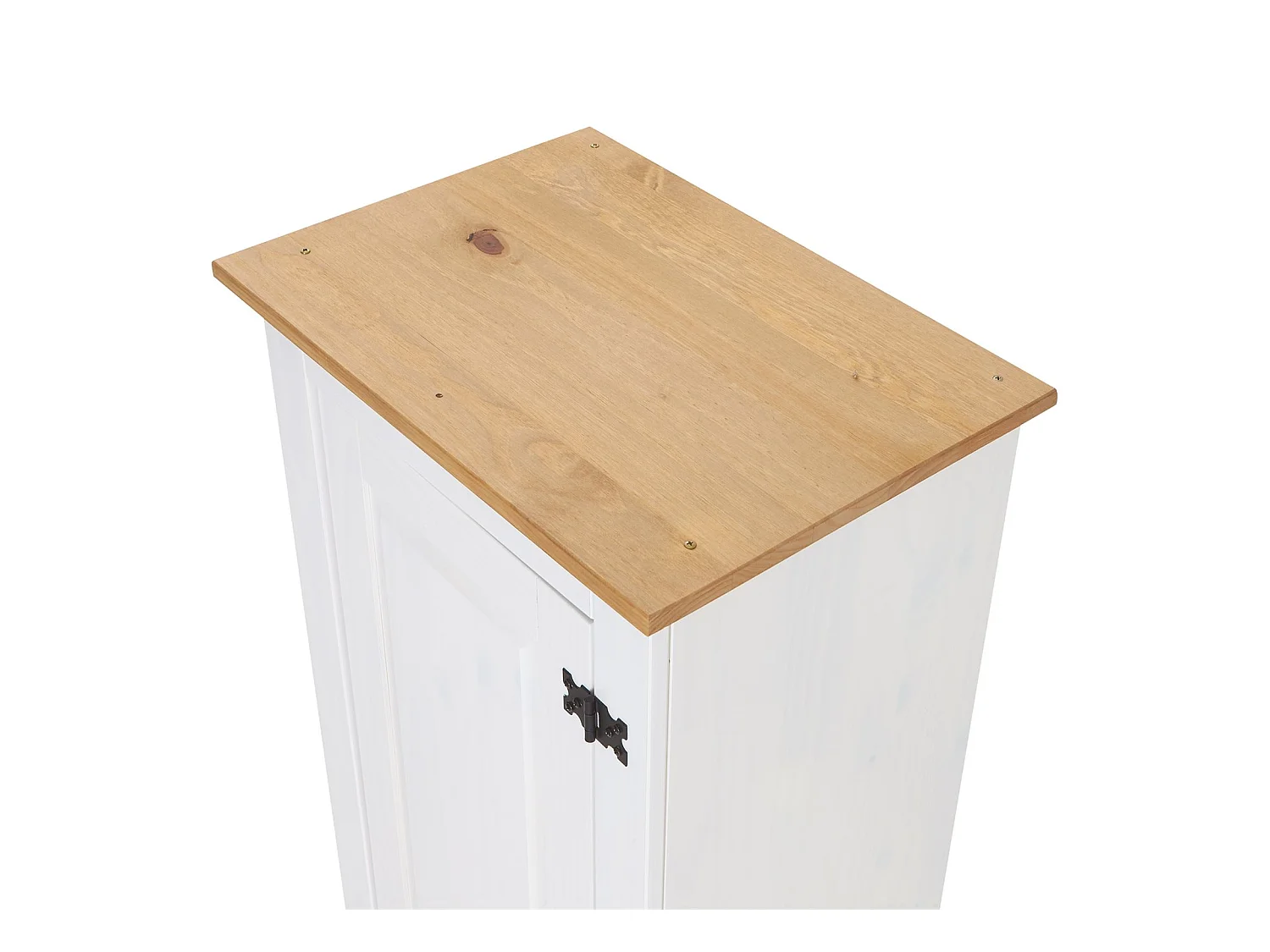 Armoire TEQUILA meuble de rangement avec 7 tablettes derrière 1 porte battante et 2 tiroirs, en pin massif lasuré blanc et brun